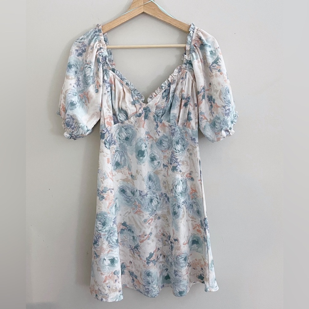 Cream and Blue Puff Sleeve Mini Sundress